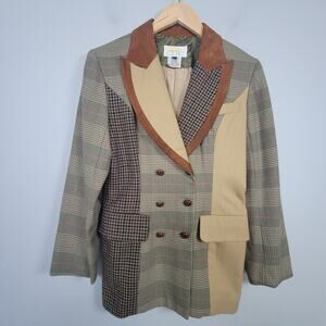 Vintage Cache Wool Patchwork Blazer Sz P Double Breasted Suede Trim Made In USA